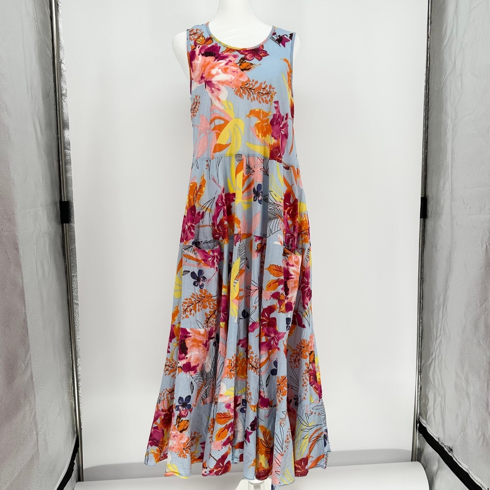 Vasna Womens Blue Tropical Floral Cotton Tiered Sleeveless Maxi Dress Small